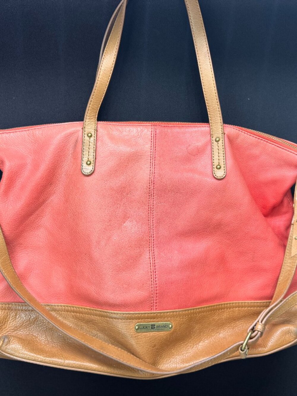 Lucky Brand Red Orange Leather Colorblock Tote Shoulder Bag